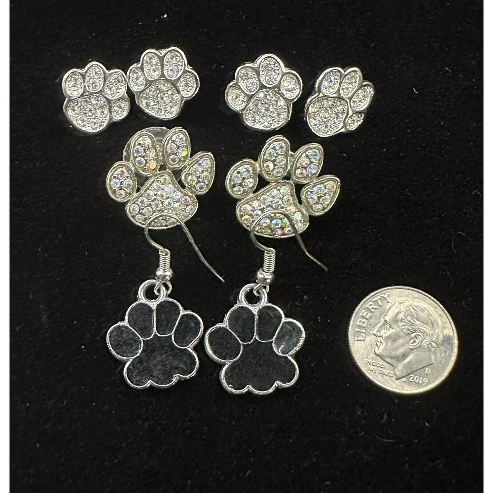 Paw Print Stud Earrings and Dangle Earrings Set of Four Silver/White